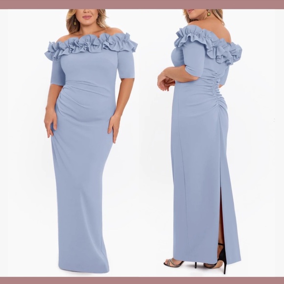 NEW $248 XSCAPE [ 18W ] Ruffled‎ Off the Shoulder Sheath Gown in Sky Blue - Picture 1 of 16